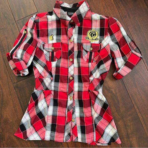 COOGI Button Down Shirt Roll Tab Long Sleeves Red Black Plaid Elastic Waist Sz L - Picture 10 of 12
